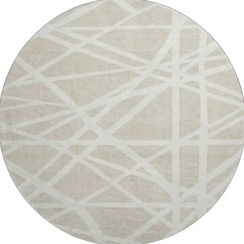 8' Beige And Ivory Geometric Washable Round Rug With UV Protection Photo 3