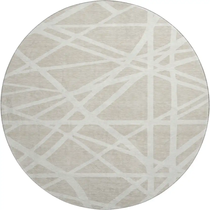 8' Beige And Ivory Geometric Washable Round Rug With UV Protection Photo 1