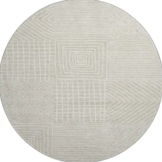 8' Beige And Ivory Geometric Washable Round Rug With UV Protection Photo 3
