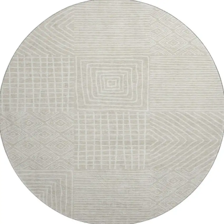 8' Beige And Ivory Geometric Washable Round Rug With UV Protection Photo 3