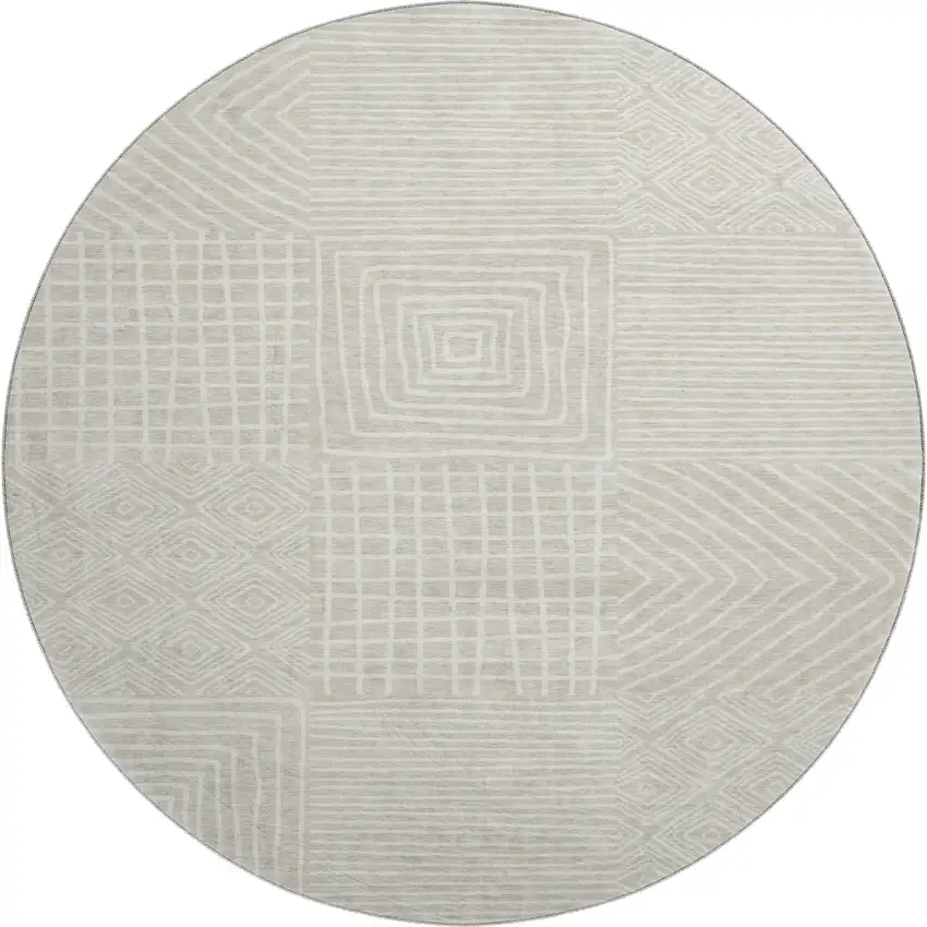 8' Beige And Ivory Geometric Washable Round Rug With UV Protection Photo 1
