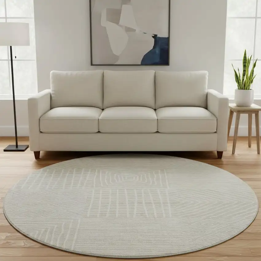 8' Beige And Ivory Geometric Washable Round Rug With UV Protection Photo 2