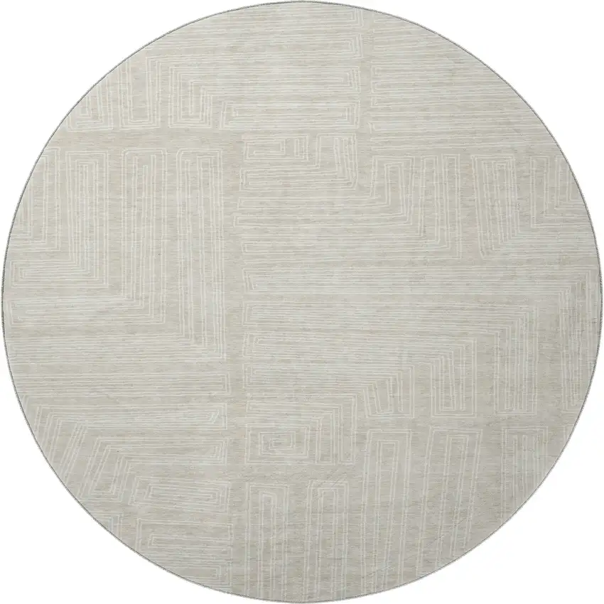 8' Beige And Ivory Geometric Washable Round Rug With UV Protection Photo 2