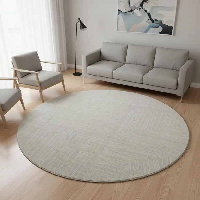 8' Beige And Ivory Geometric Washable Round Rug With UV Protection Photo 2