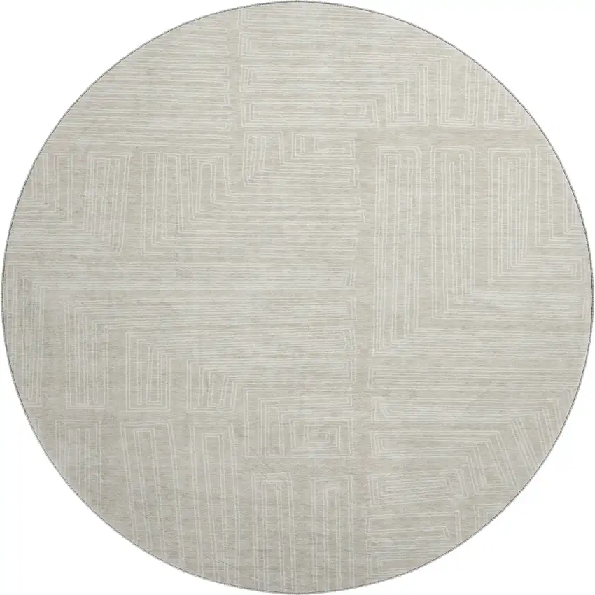 8' Beige And Ivory Geometric Washable Round Rug With UV Protection Photo 1