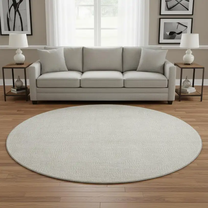8' Beige And Ivory Geometric Washable Round Rug With UV Protection Photo 2
