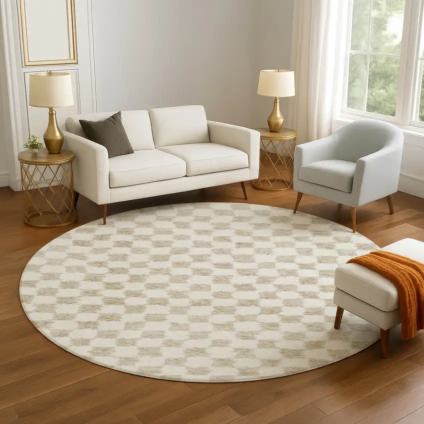 8' Beige And Ivory Geometric Washable Round Rug With UV Protection Photo 5