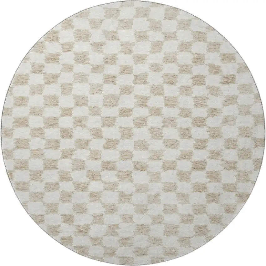 8' Beige And Ivory Geometric Washable Round Rug With UV Protection Photo 4