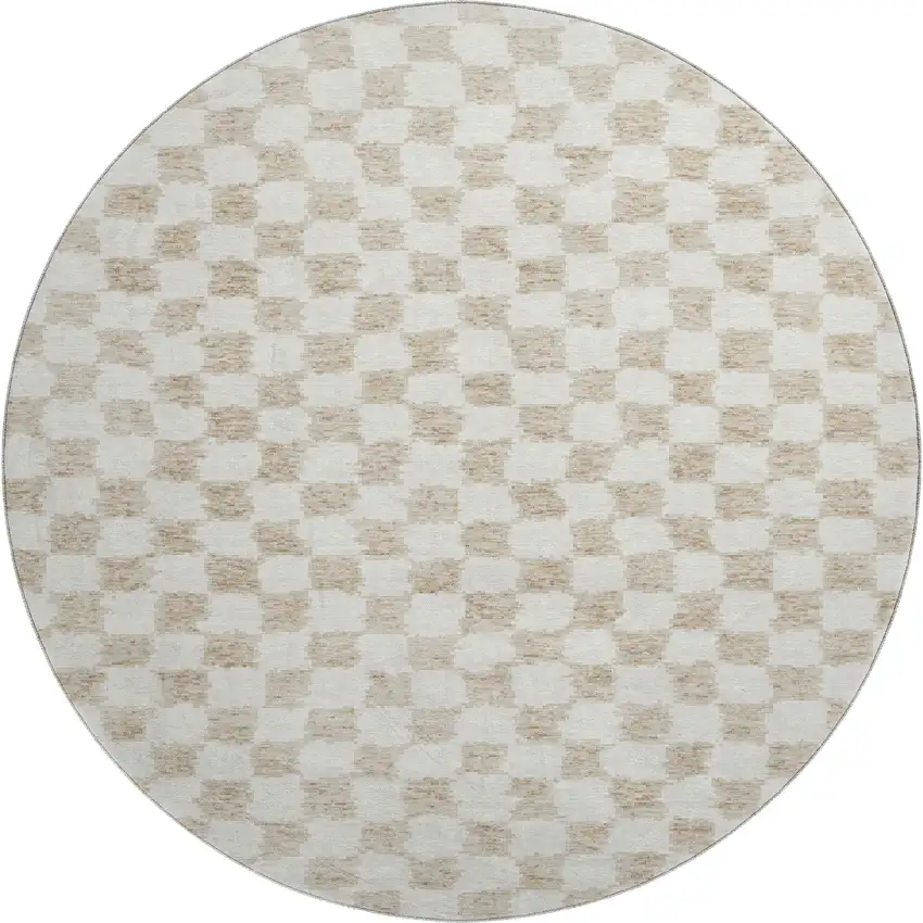 8' Beige And Ivory Geometric Washable Round Rug With UV Protection Photo 1