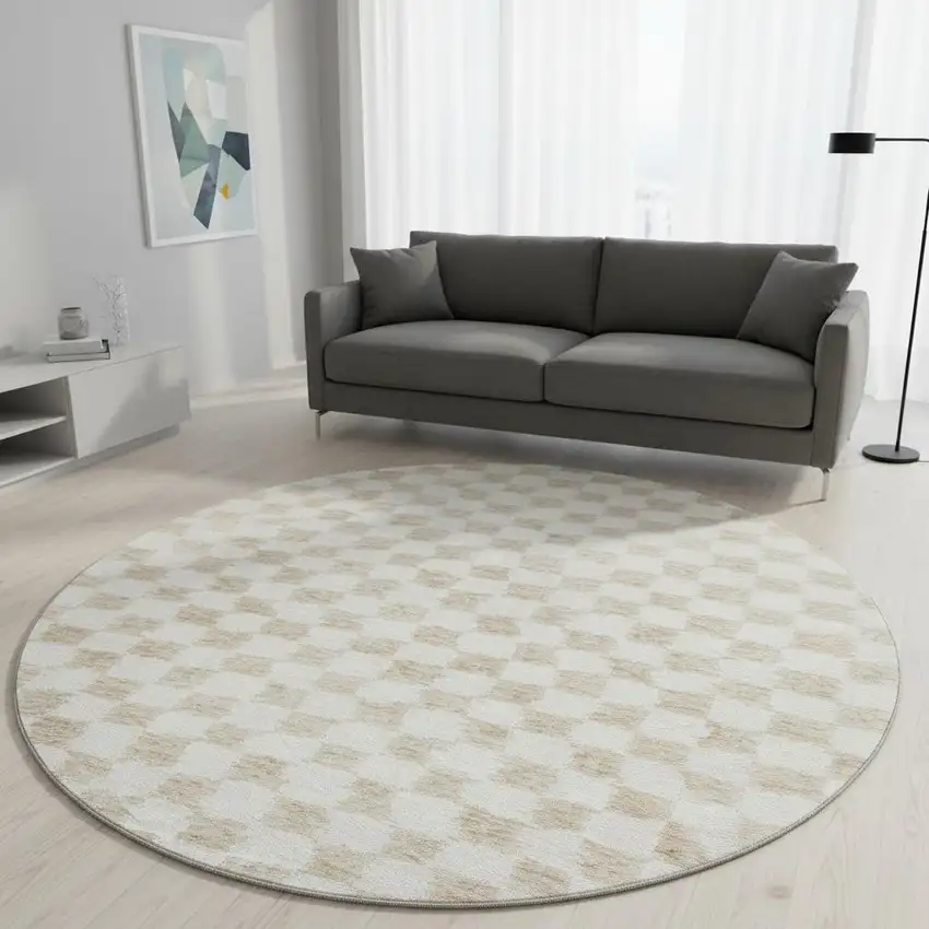 8' Beige And Ivory Geometric Washable Round Rug With UV Protection Photo 2