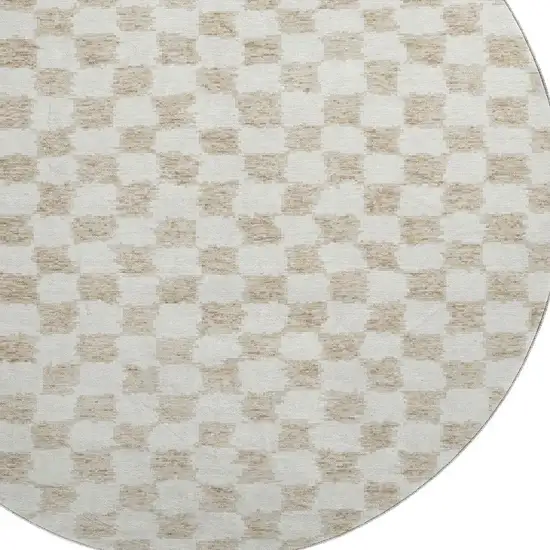 8' Beige And Ivory Geometric Washable Round Rug With UV Protection Photo 3