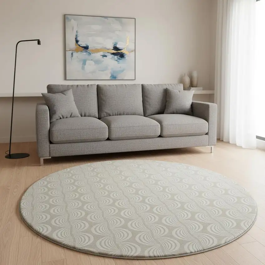 8' Beige And Ivory Ogee Washable Round Rug With UV Protection Photo 2