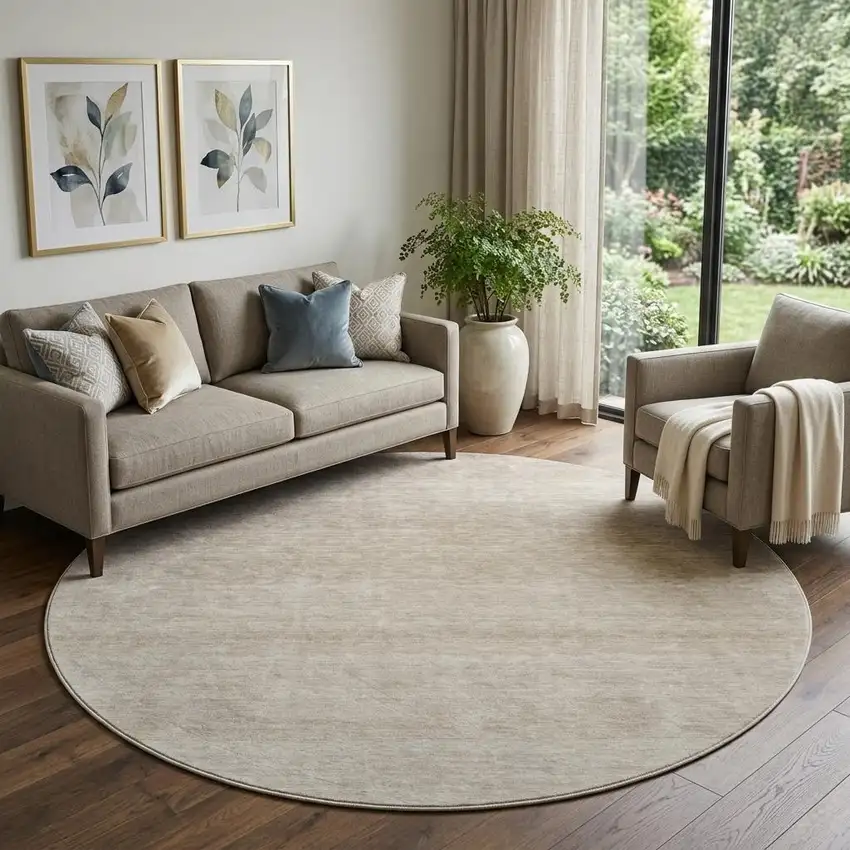 8' Beige And Ivory Ombre Washable Round Rug With UV Protection Photo 1