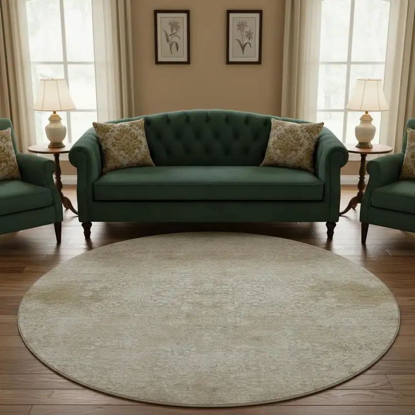 8' Beige And Ivory Oriental Washable Round Rug With UV Protection Photo 2