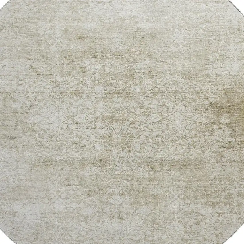 8' Beige And Ivory Oriental Washable Round Rug With UV Protection Photo 2