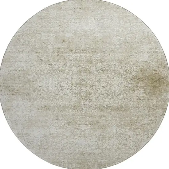 8' Beige And Ivory Oriental Washable Round Rug With UV Protection Photo 3