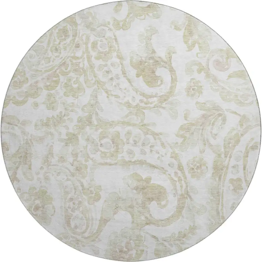 8' Beige And Ivory Paisley Washable Round Rug With UV Protection Photo 1