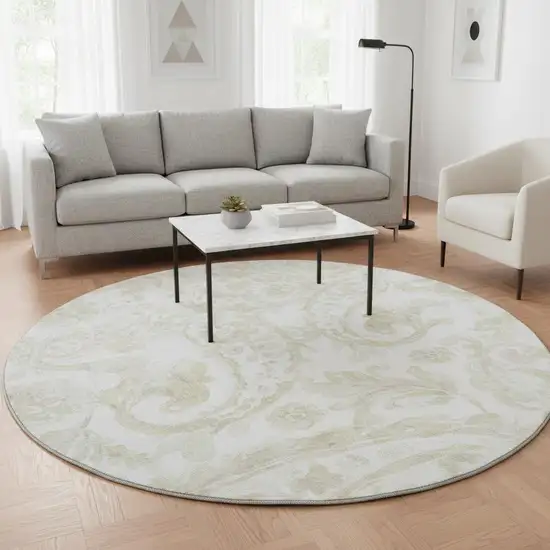 8' Beige And Ivory Paisley Washable Round Rug With UV Protection Photo 2