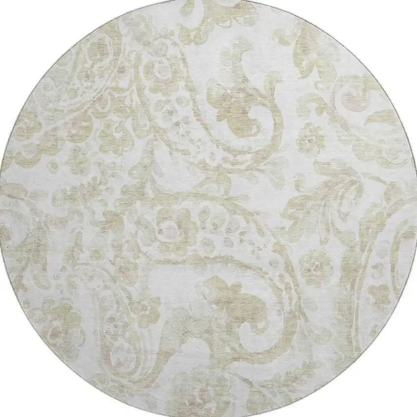 8' Beige And Ivory Paisley Washable Round Rug With UV Protection Photo 4