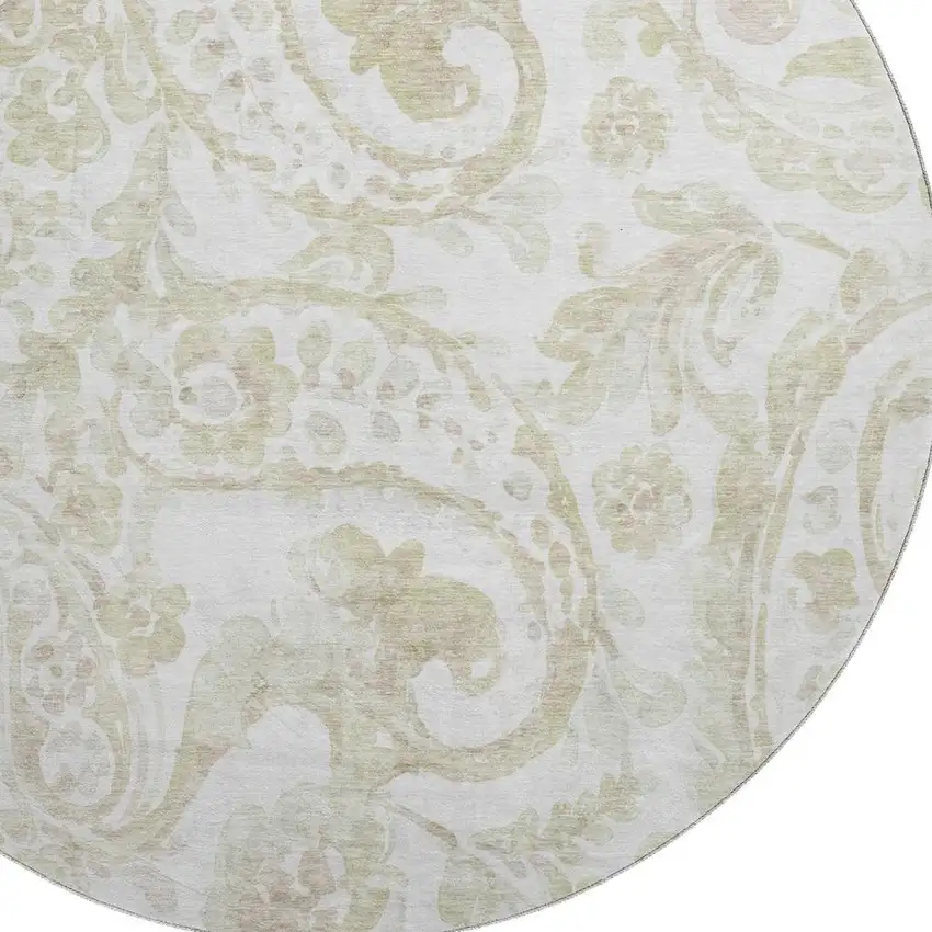 8' Beige And Ivory Paisley Washable Round Rug With UV Protection Photo 3