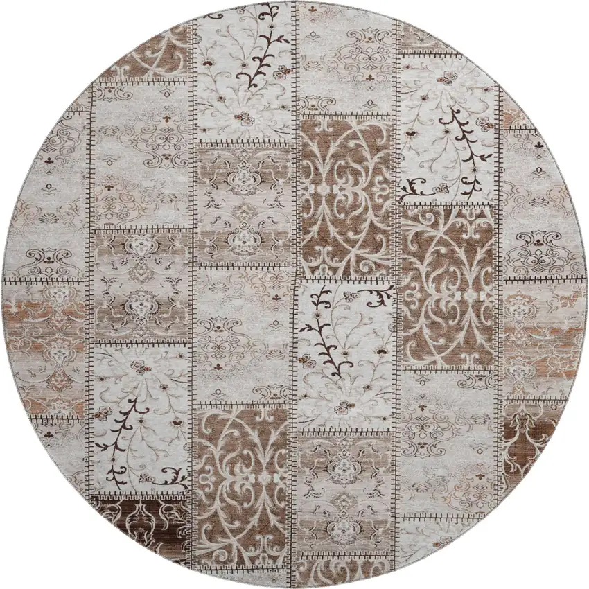 8' Beige And Ivory Patchwork Distressed Washable Round Rug With UV Protection Photo 2
