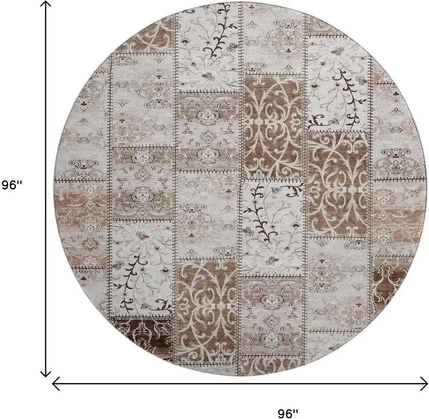 8' Beige And Ivory Patchwork Washable Round Rug With UV Protection Photo 9