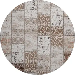 Photo of 8' Beige And Ivory Patchwork Washable Round Rug With UV Protection