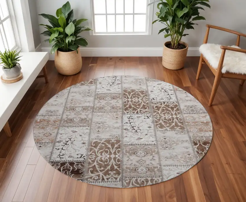 8' Beige And Ivory Patchwork Washable Round Rug With UV Protection Photo 2