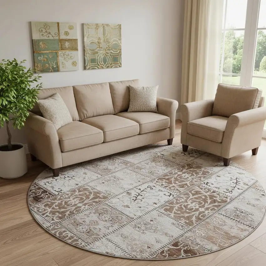 8' Beige And Ivory Patchwork Washable Round Rug With UV Protection Photo 1