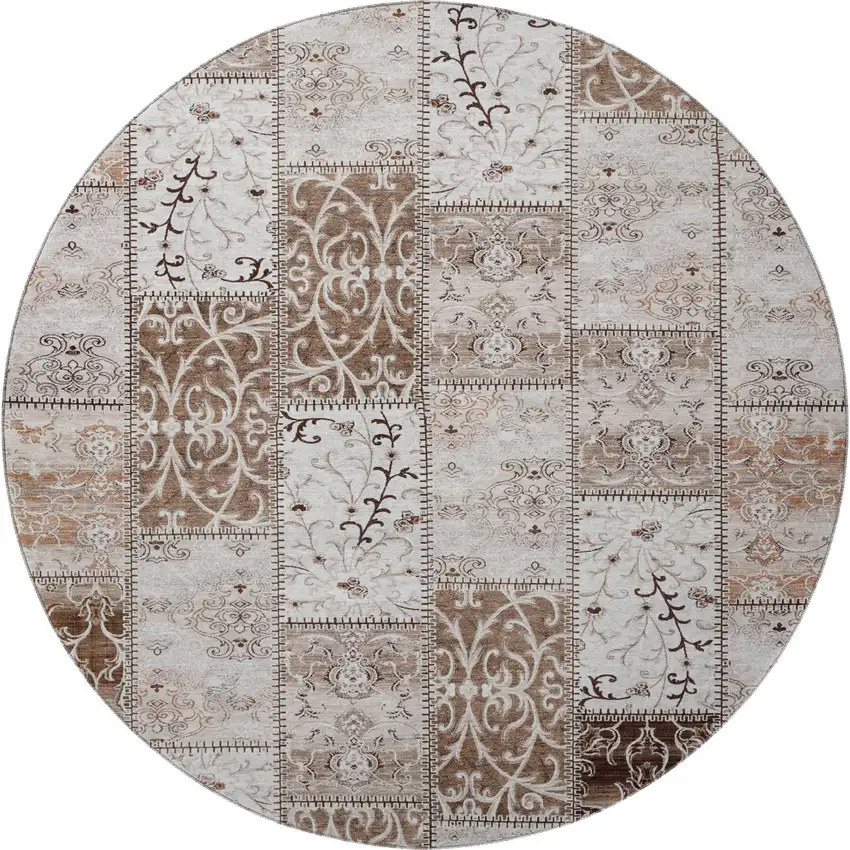 8' Beige And Ivory Patchwork Washable Round Rug With UV Protection Photo 3