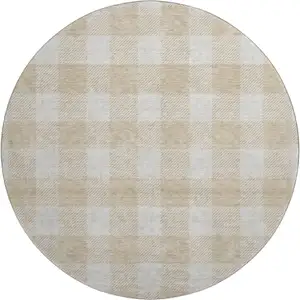 Photo of 8' Beige And Ivory Plaid Washable Round Rug With UV Protection