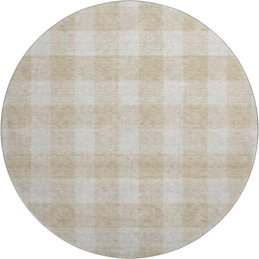 8' Beige And Ivory Plaid Washable Round Rug With UV Protection Photo 1