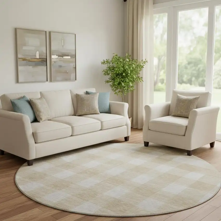 8' Beige And Ivory Plaid Washable Round Rug With UV Protection Photo 1