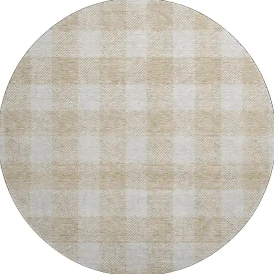 8' Beige And Ivory Plaid Washable Round Rug With UV Protection Photo 2