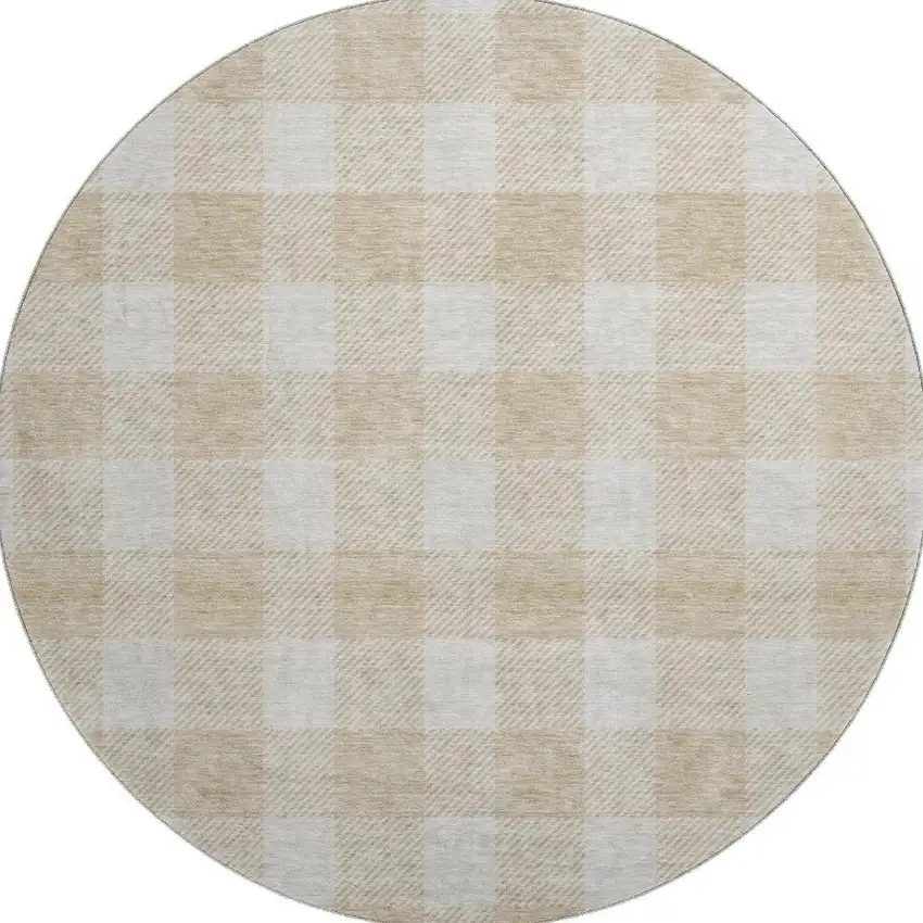 8' Beige And Ivory Plaid Washable Round Rug With UV Protection Photo 2