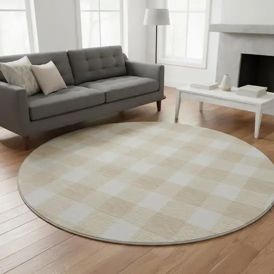 8' Beige And Ivory Plaid Washable Round Rug With UV Protection Photo 2