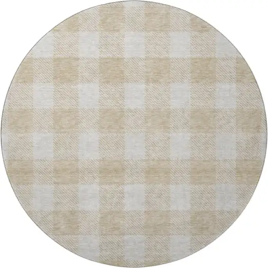 8' Beige And Ivory Plaid Washable Round Rug With UV Protection Photo 3