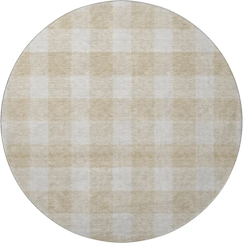 8' Beige And Ivory Plaid Washable Round Rug With UV Protection Photo 3