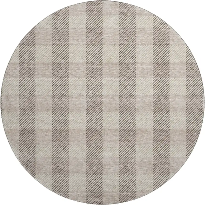 8' Beige And Ivory Plaid Washable Round Rug With UV Protection Photo 1