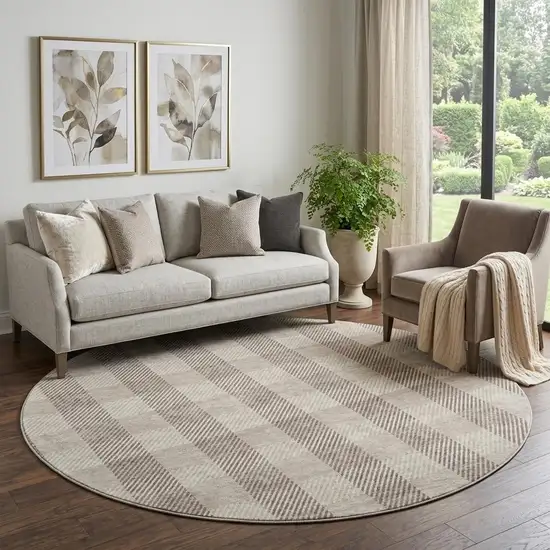 8' Beige And Ivory Plaid Washable Round Rug With UV Protection Photo 1