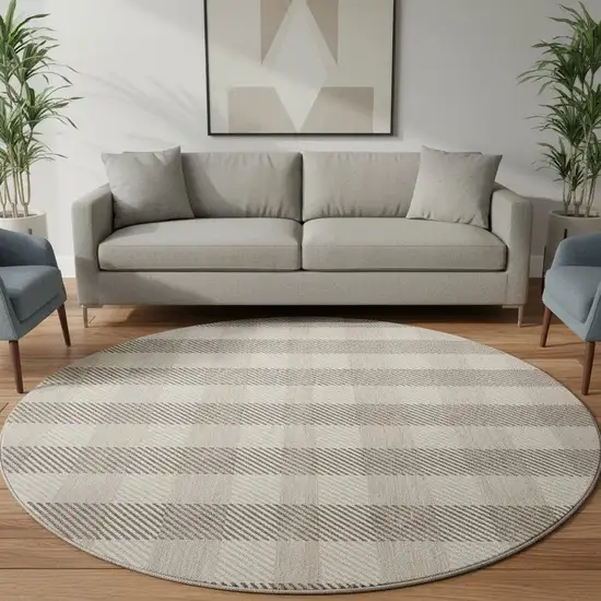 8' Beige And Ivory Plaid Washable Round Rug With UV Protection Photo 2