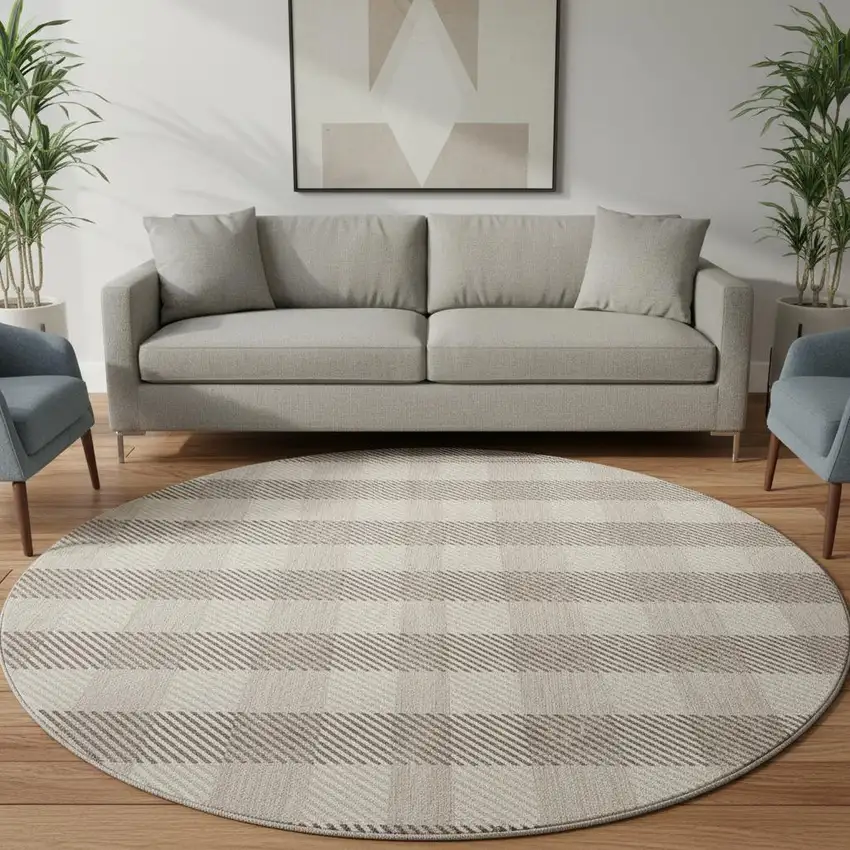 8' Beige And Ivory Plaid Washable Round Rug With UV Protection Photo 2