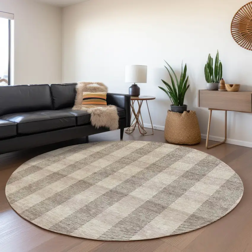 8' Beige And Ivory Plaid Washable Round Rug With UV Protection Photo 4