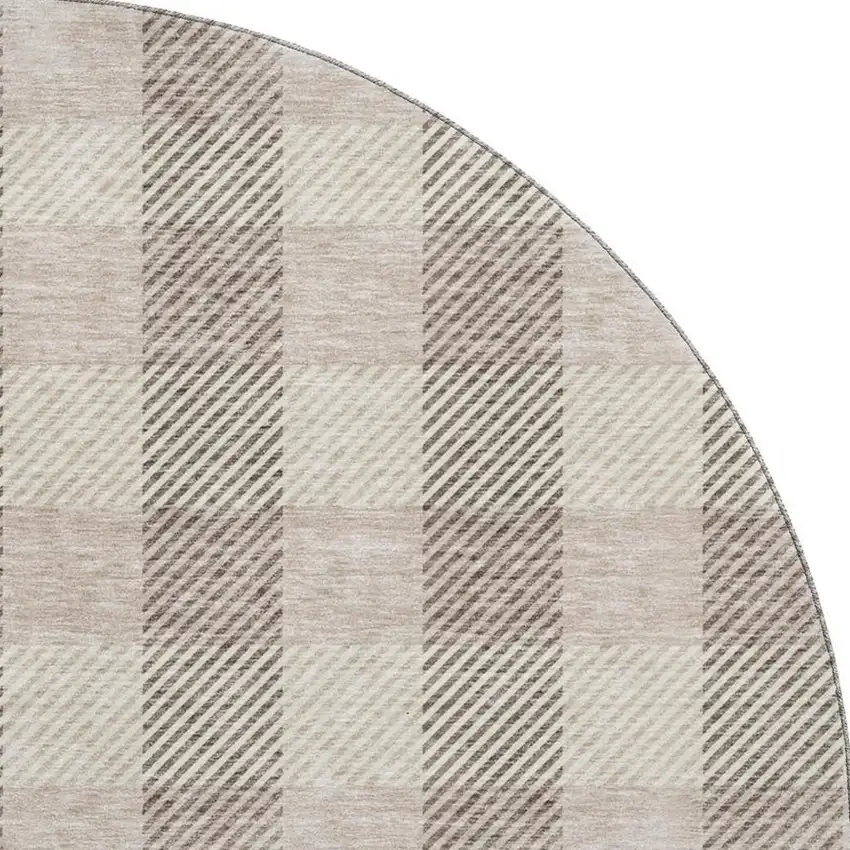 8' Beige And Ivory Plaid Washable Round Rug With UV Protection Photo 3