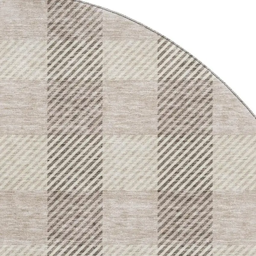 8' Beige And Ivory Plaid Washable Round Rug With UV Protection Photo 2