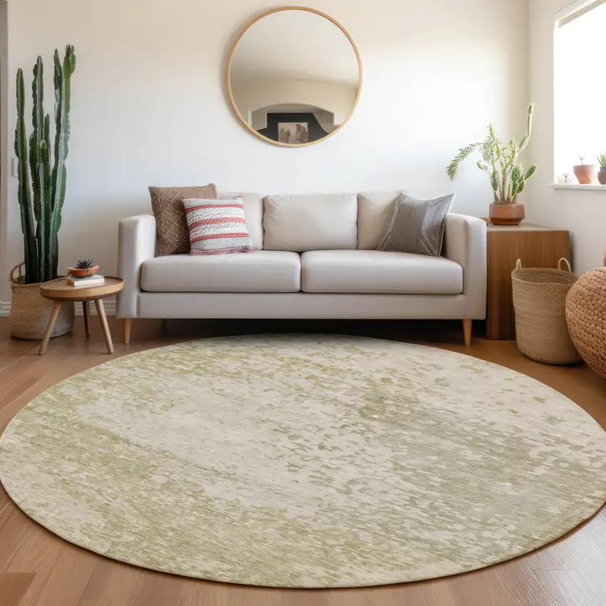 8' Beige And Ivory Round Abstract Washable Indoor Outdoor Area Rug Photo 6