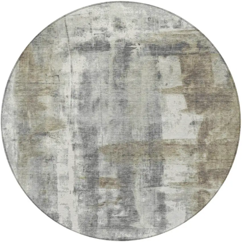 8' Beige And Ivory Round Abstract Washable Indoor Outdoor Area Rug Photo 4