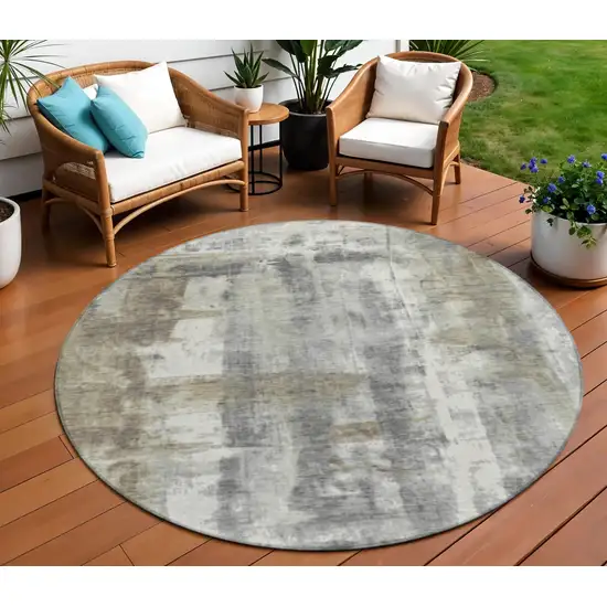 8' Beige And Ivory Round Abstract Washable Indoor Outdoor Area Rug Photo 2