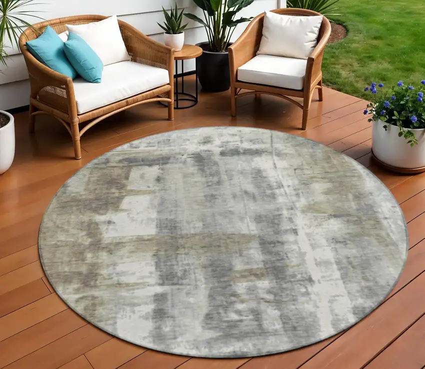8' Beige And Ivory Round Abstract Washable Indoor Outdoor Area Rug Photo 2