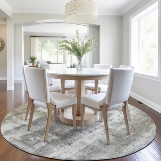 8' Beige And Ivory Round Abstract Washable Indoor Outdoor Area Rug Photo 6